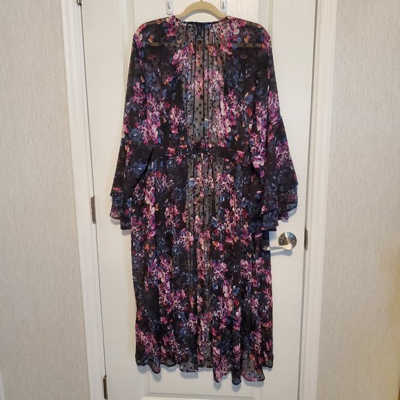 Worn Once--Black Floral Dotted Trench Duster Open-Tunic/Cardigan - Picture 12 of 15